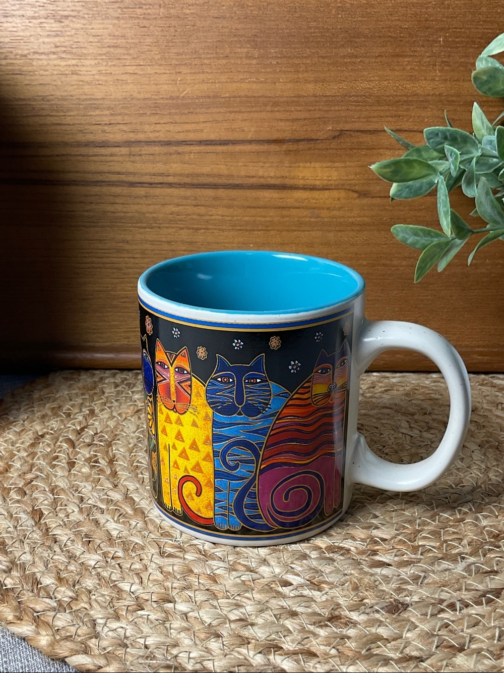 Laurel Burch 2014 Colorful Cats Ceramic Mug with Turquoise Interior